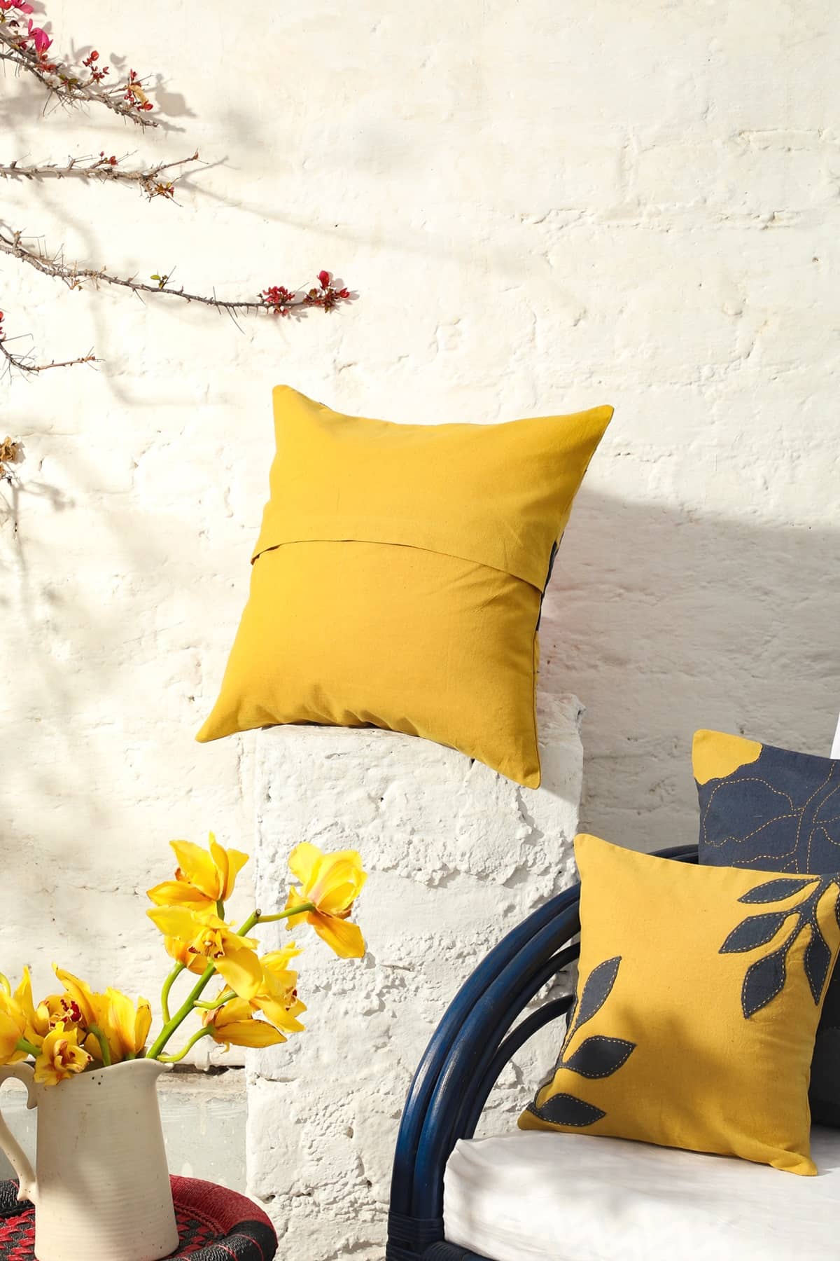 Aranya Mustard Small Cushion Cover With Grey Petals