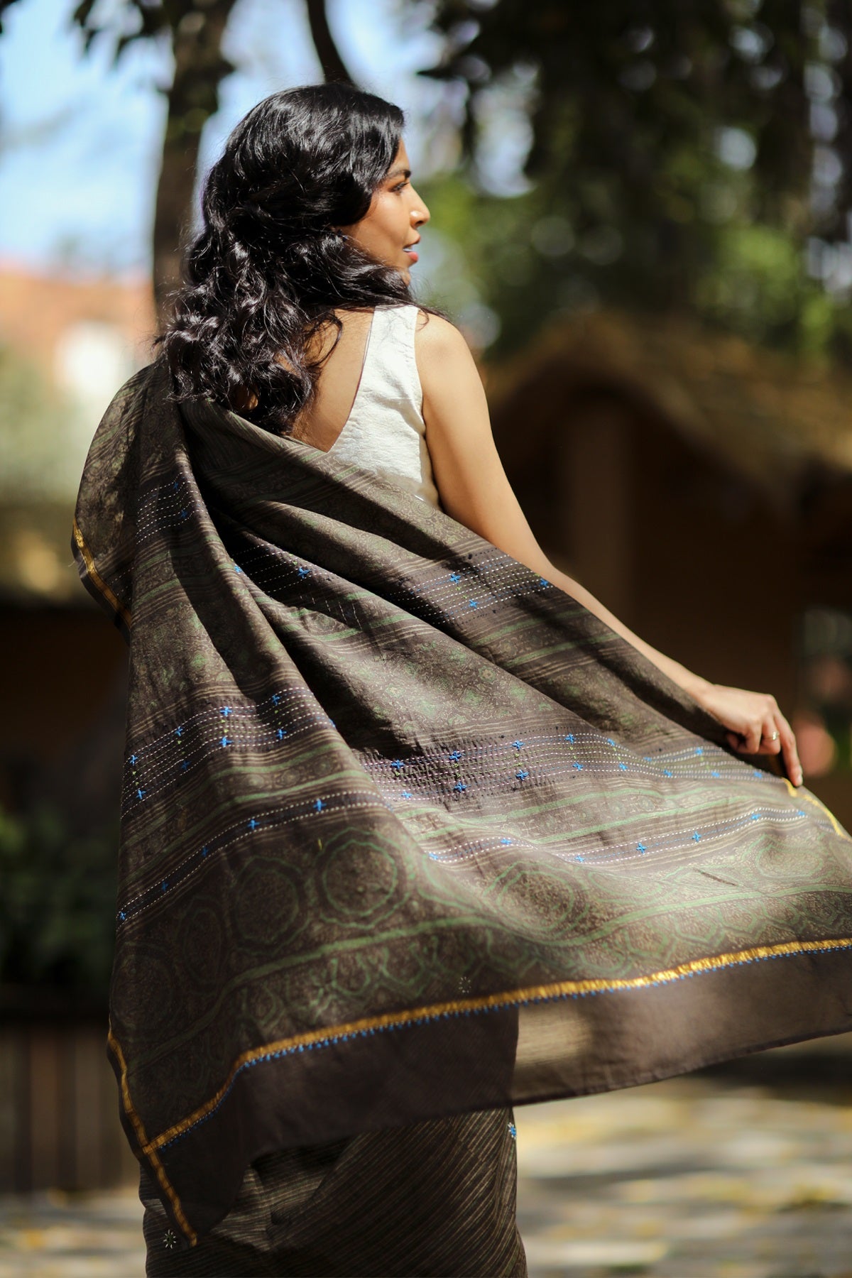 Naira Hand Printed And Contrast Thread Embroidered Multicolor Saree