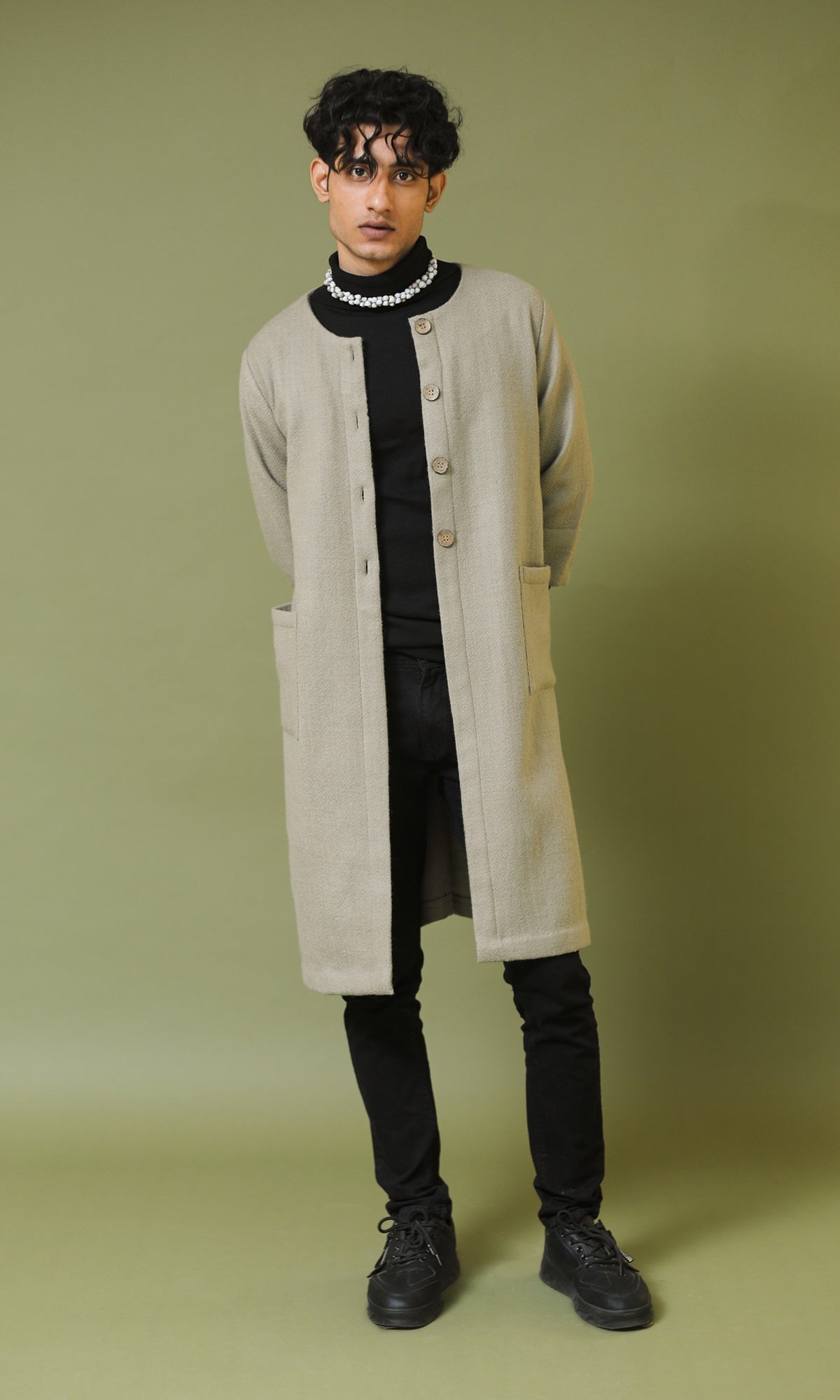 Heer Grey Handwoven Woollen A-line Long Jacket with Sleeves