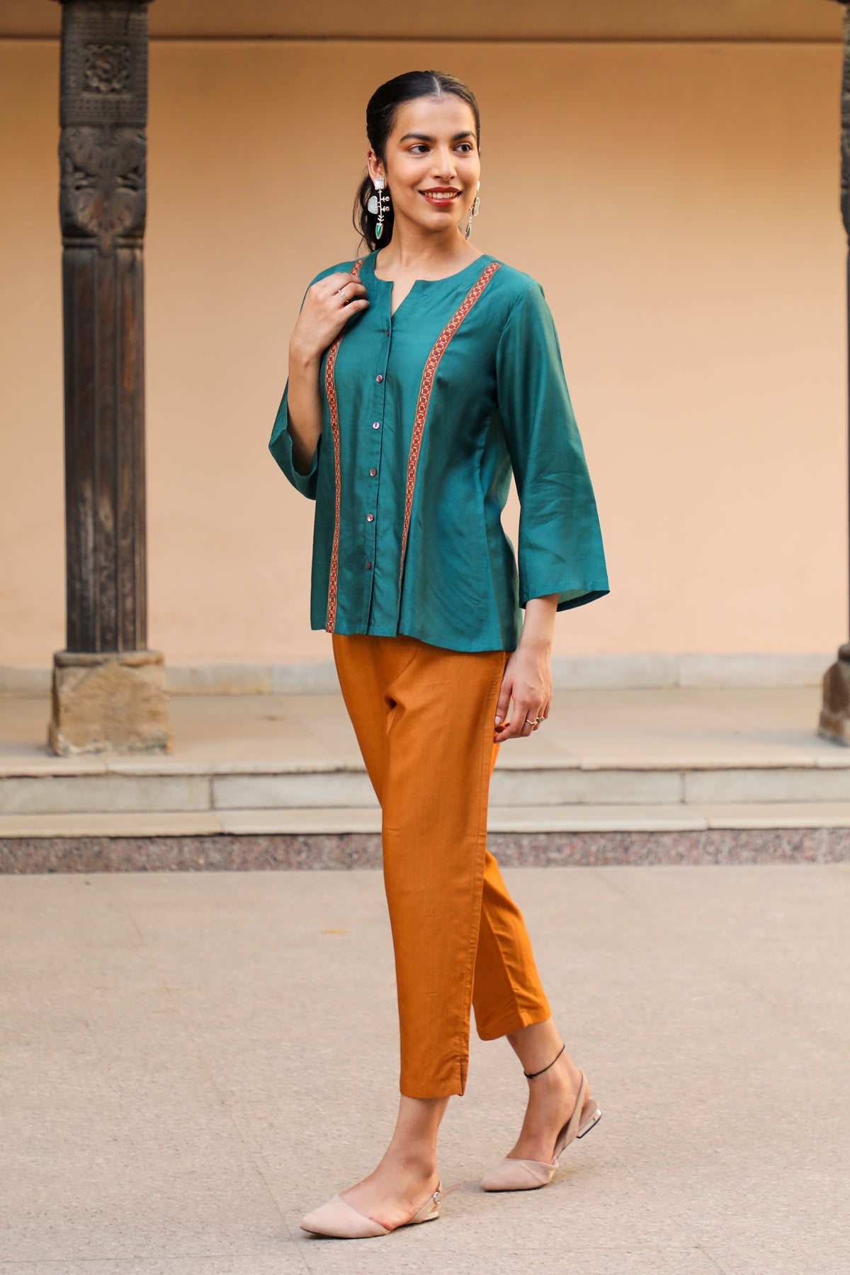 Juhi Teal Green Shirt With Crewel Embroidery