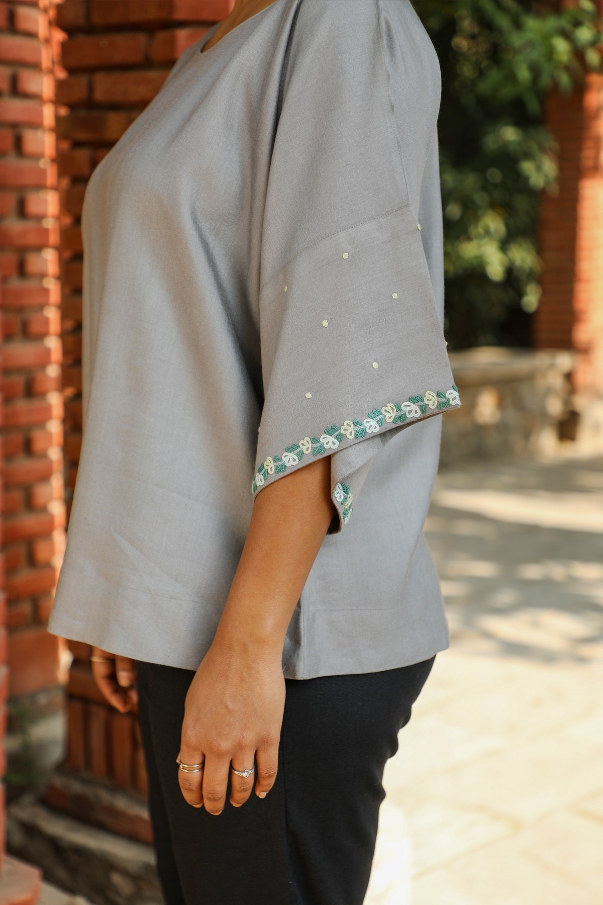 Zahrun Grey Top With Embroidered Sleeves