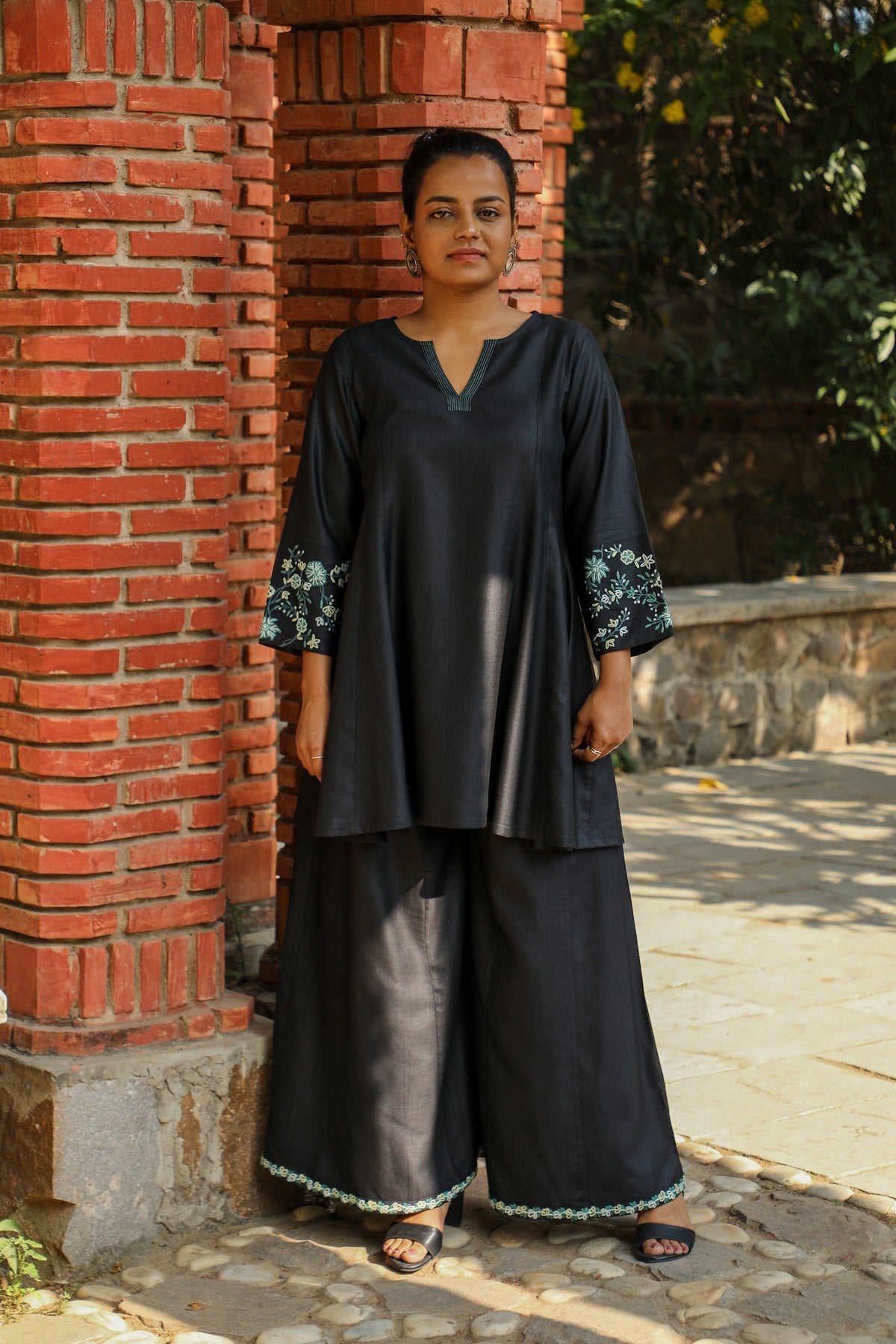 Zahrun Black Tunic With Hand Embroidered Sleeves