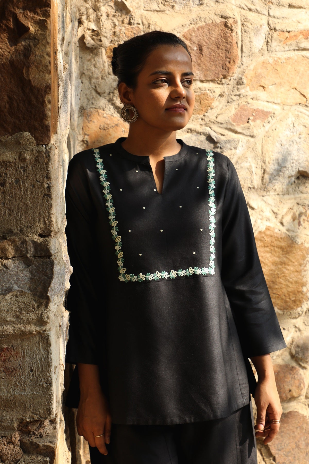 Zahrun Black Top With Hand Embroidered Yoke