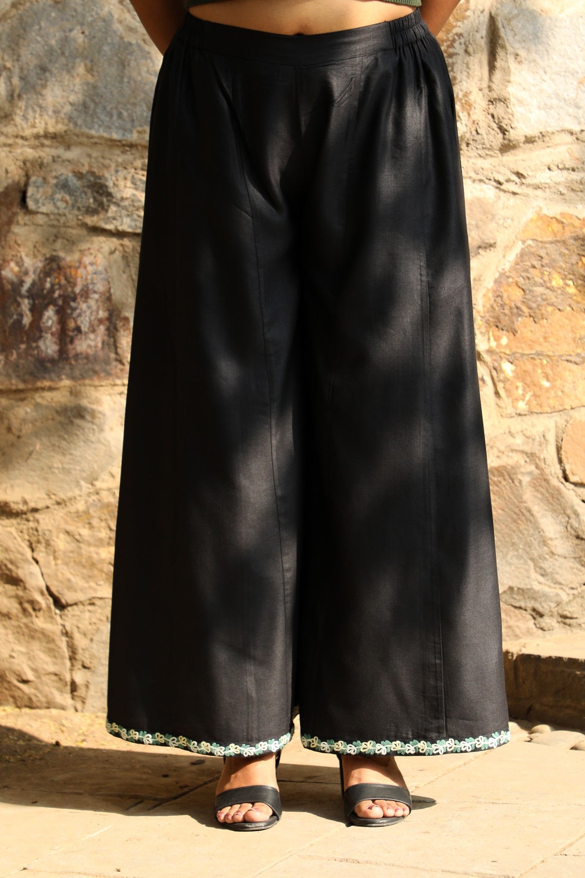 Zahrun Black Pants with Embroidered Hemline