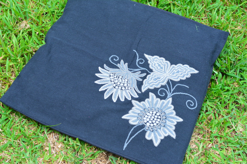 Black Kashmiri Hand Embroiderered Floral Cushion Cover