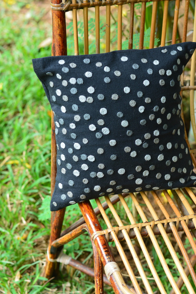 Black Kashmiri Hand Embroidered Polka Dotted Cushion Cover