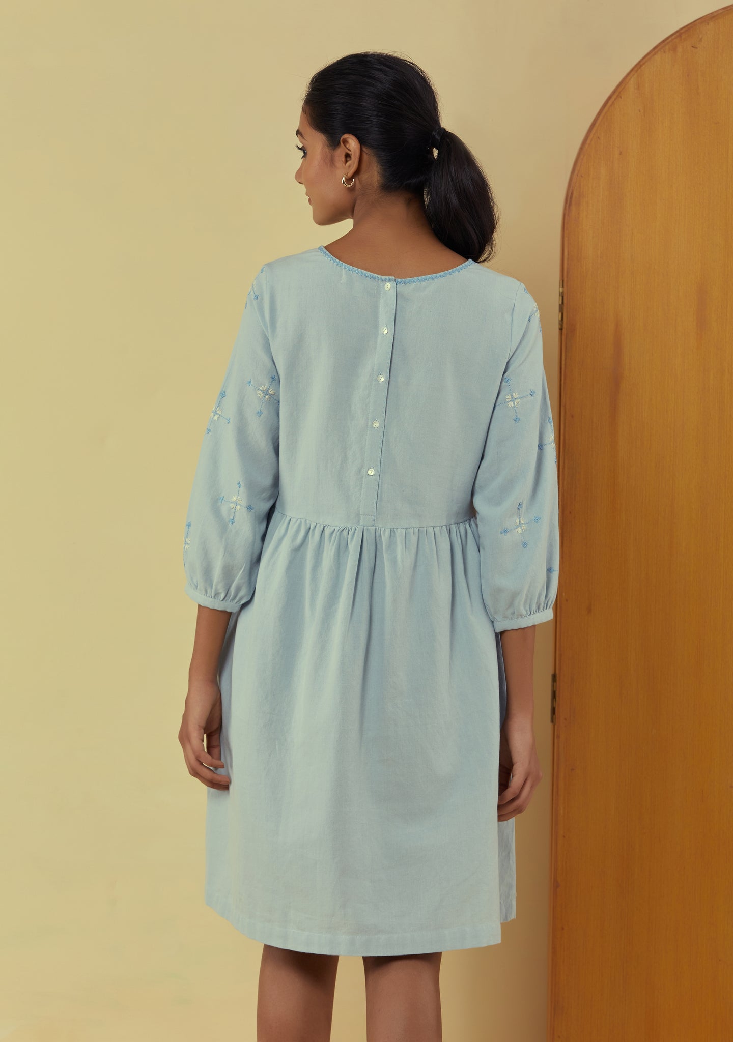 Liana Powder Blue Knee Length Dress With Hand Embroidery