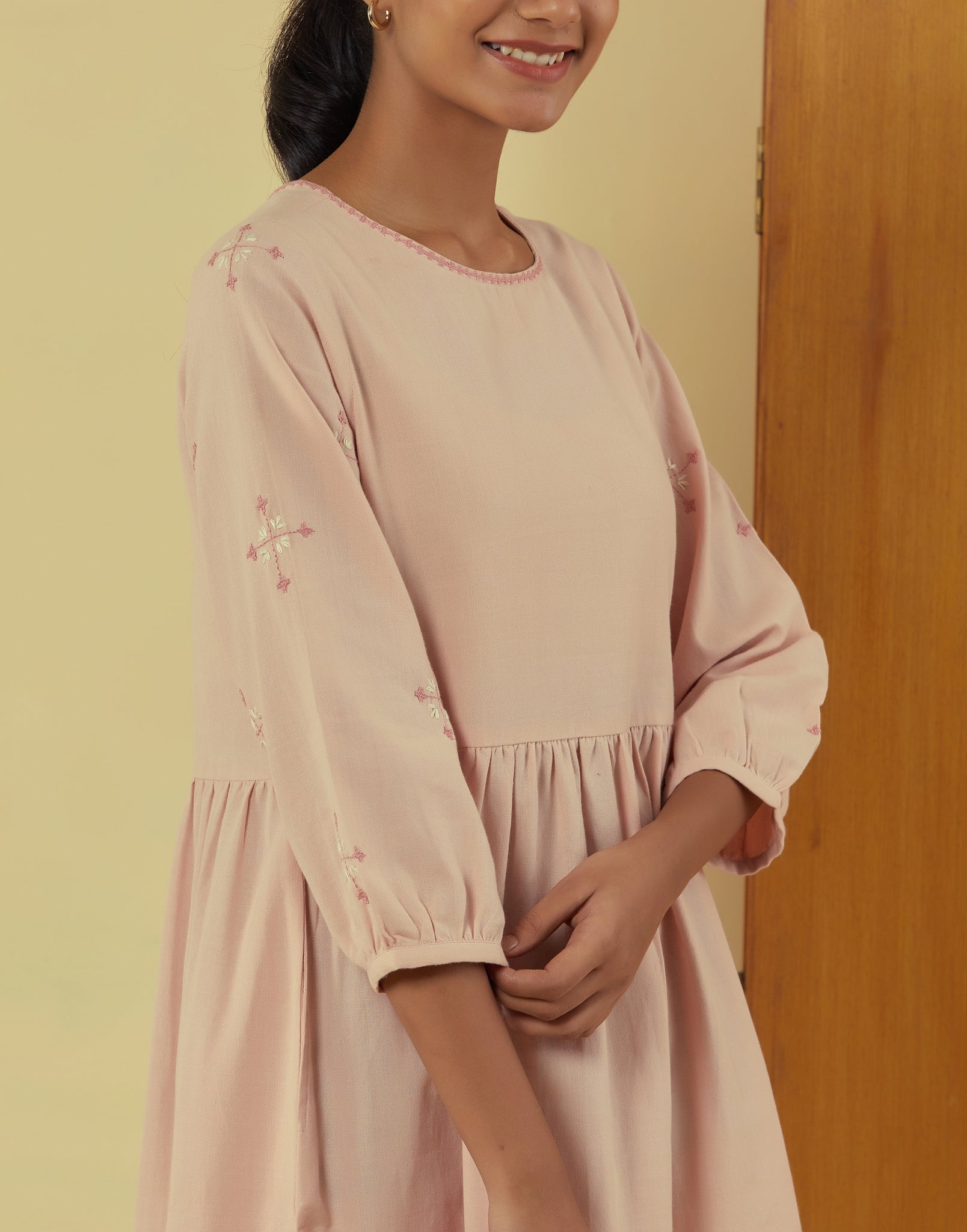 Liana Mud Pink Knee Length Dress With Hand Embroidery
