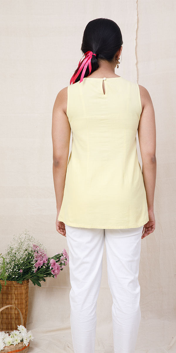 Rangeeli Yellow Sleeveless Top With Box Pleat Detailing