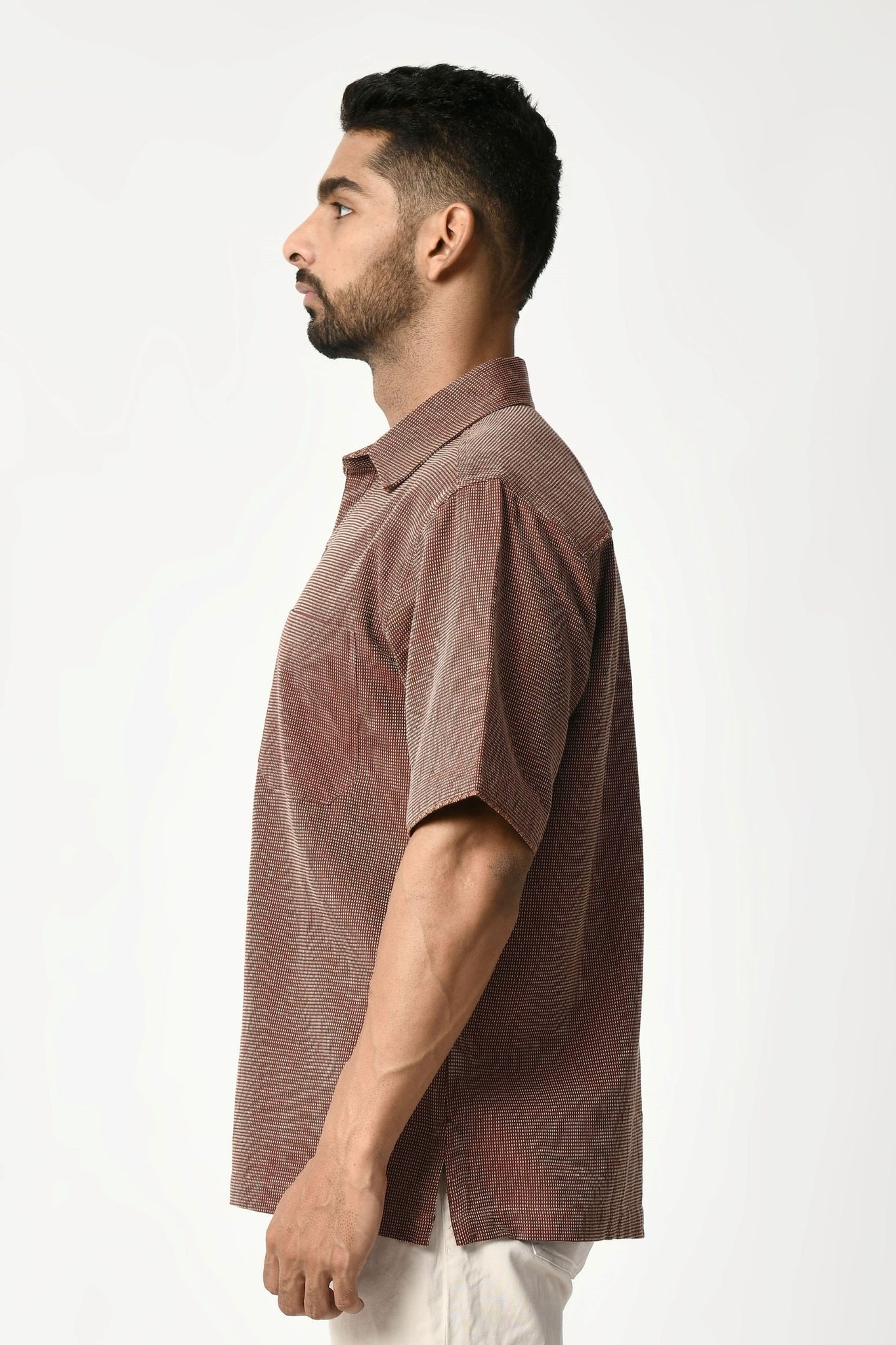 Maroon Handwoven Dobby Stripe Cotton Half Sleeve Shirt