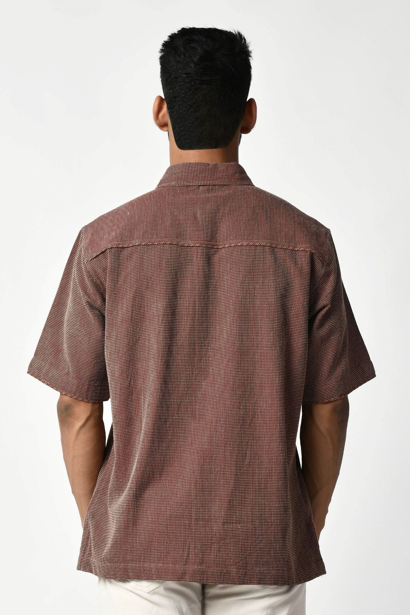 Maroon Handwoven Dobby Stripe Cotton Half Sleeve Shirt