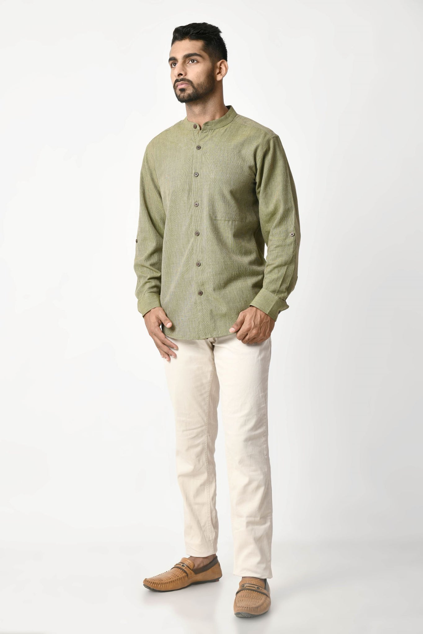 Green Handwoven Dobby Stripe Cotton Full Sleeve Shirt