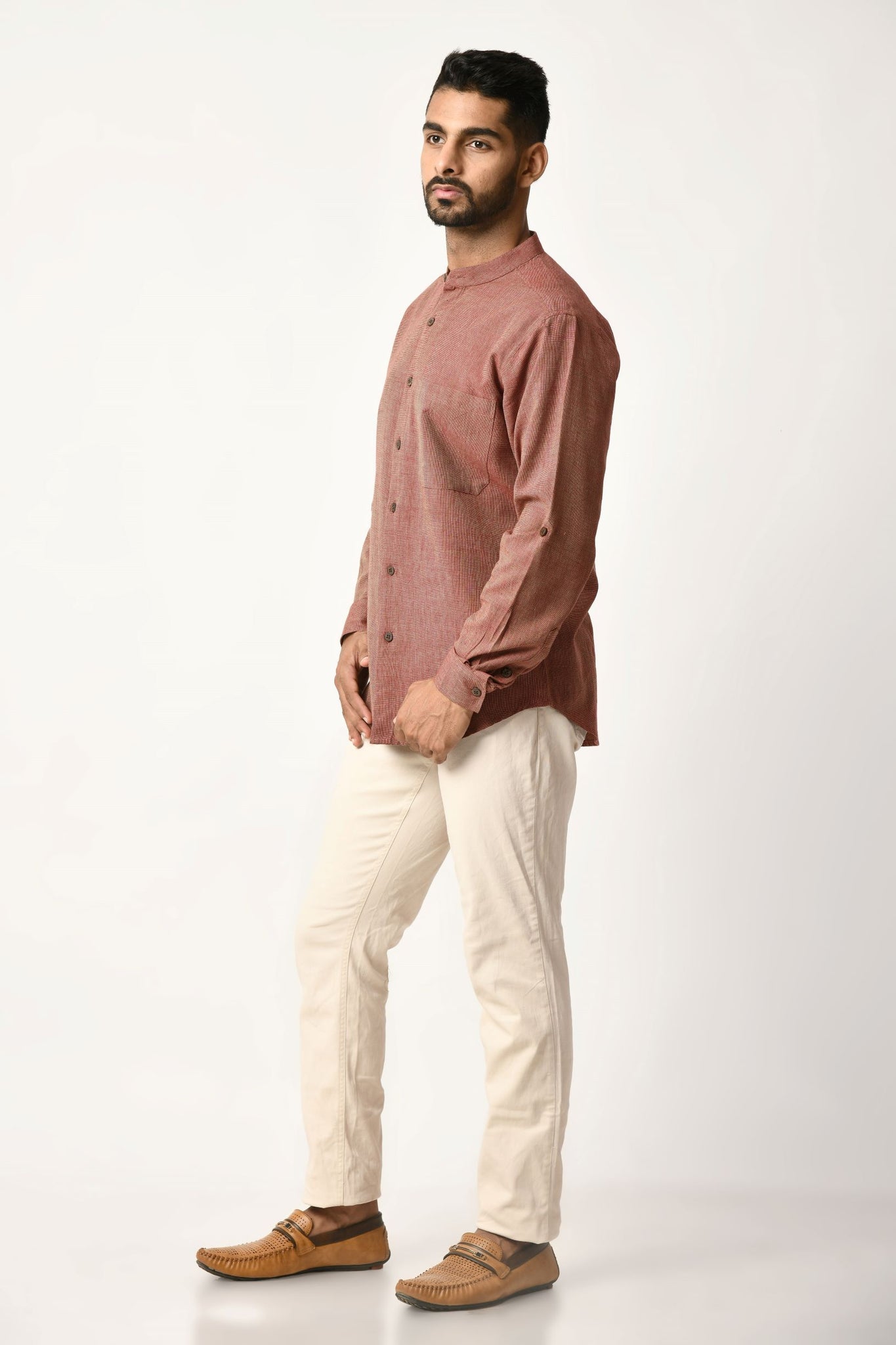 Maroon Handwoven Dobby Stripe Cotton Full Sleeve Shirt