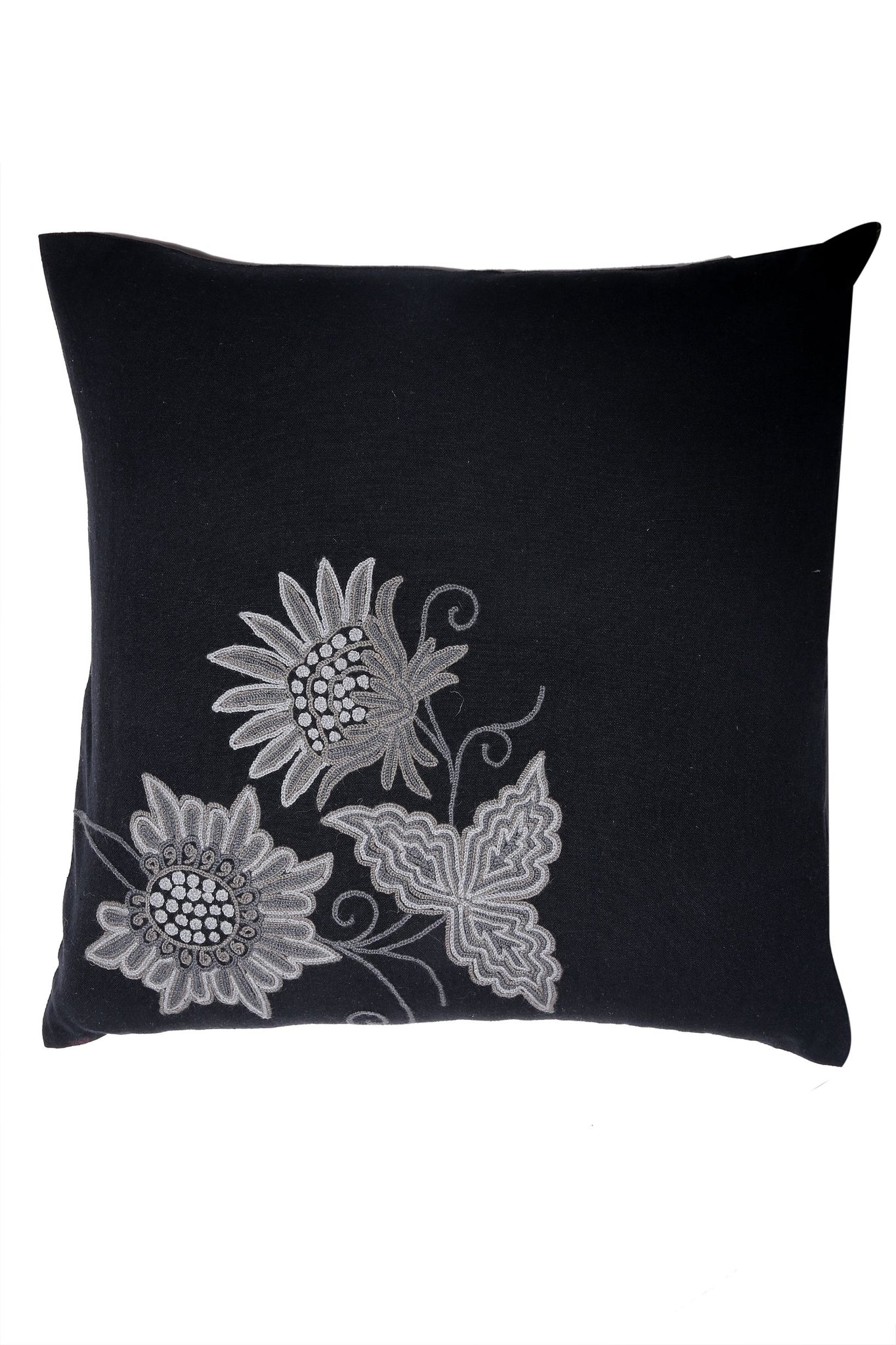 Black Kashmiri Hand Embroiderered Floral Cushion Cover