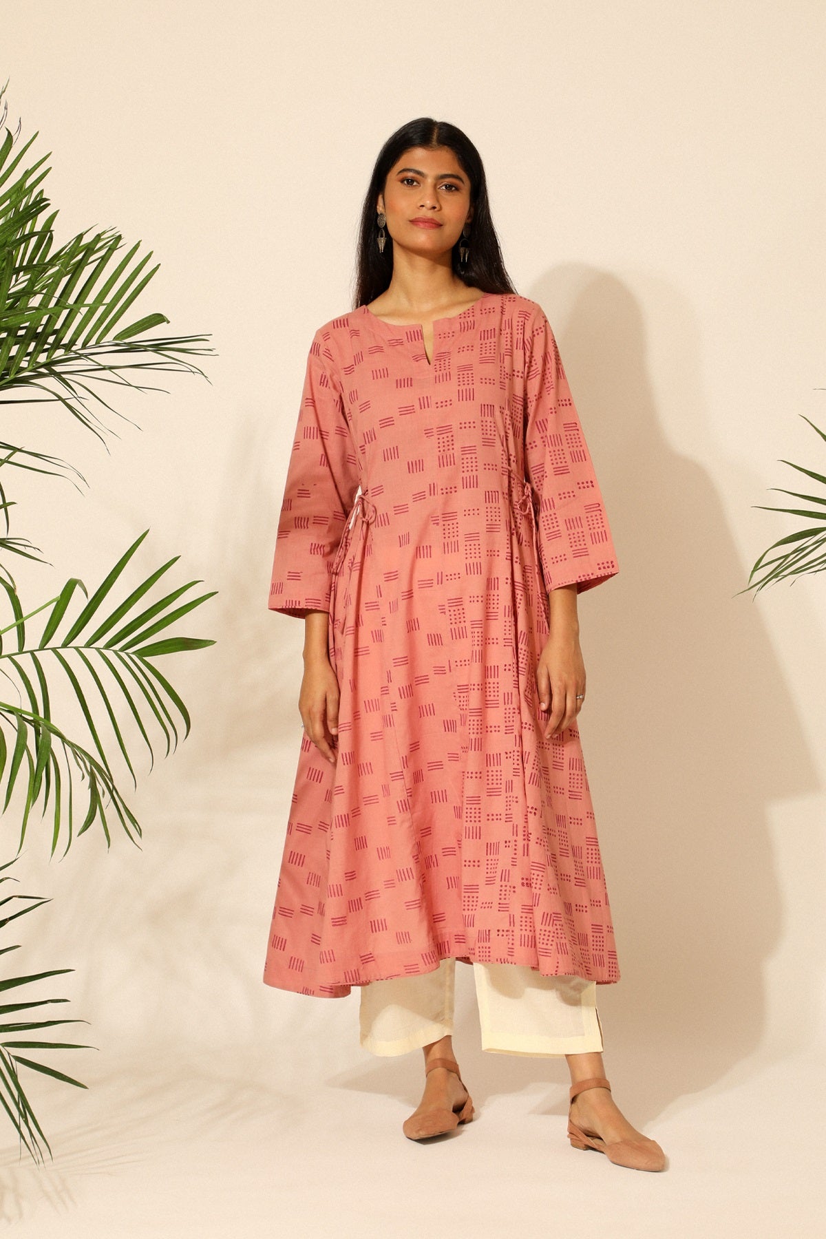 Tiera Pink Block Printed Flared Kurta