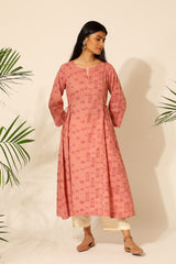 Tiera Pink Block Printed Flared Kurta