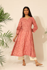 Tiera Pink Block Printed Flared Kurta