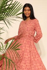 Tiera Pink Block Printed Flared Kurta