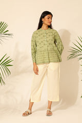 Tiera Block Printed Green Top With Full Sleeves