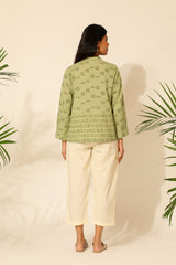 Tiera Block Printed Green Top With Full Sleeves