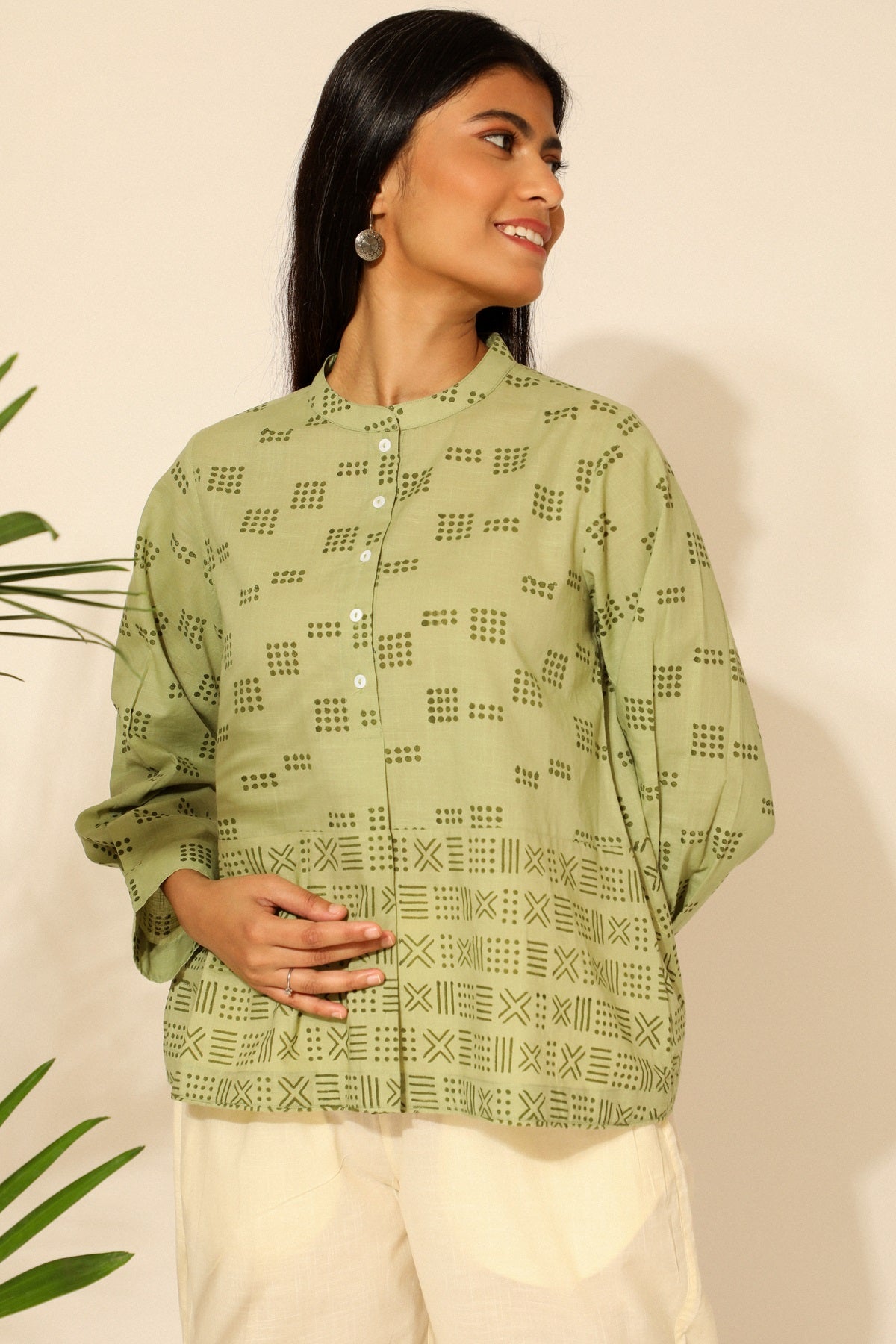 Tiera Block Printed Green Top With Full Sleeves