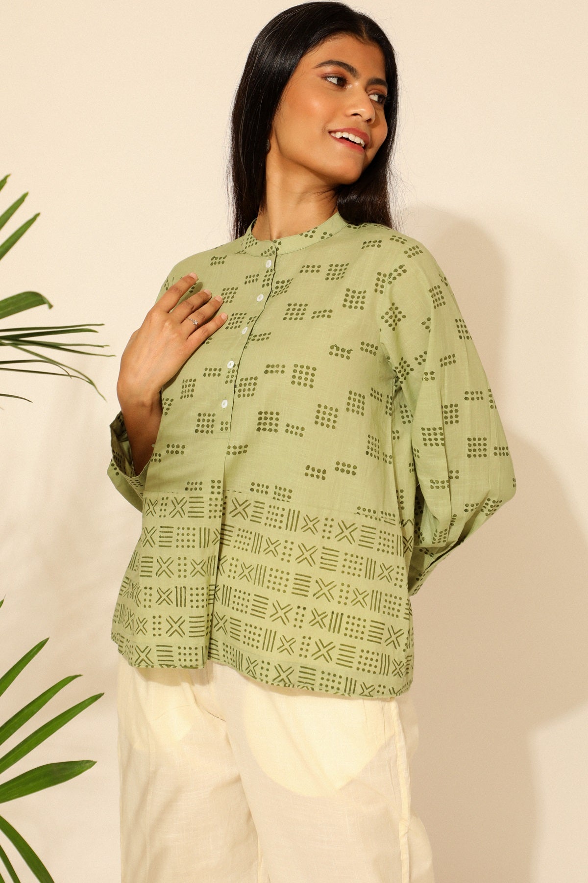 Tiera Block Printed Green Top With Full Sleeves