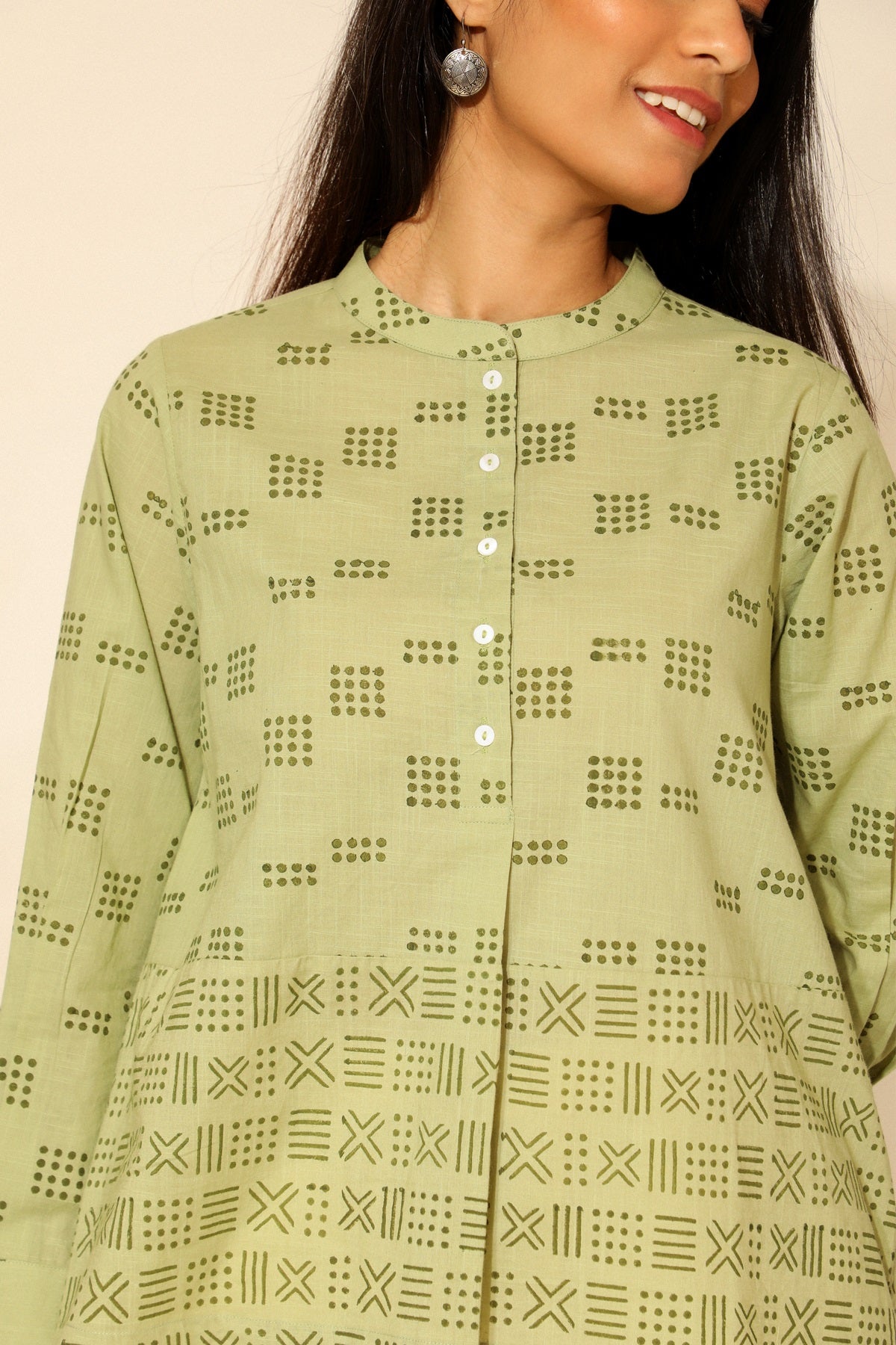 Tiera Block Printed Green Top With Full Sleeves