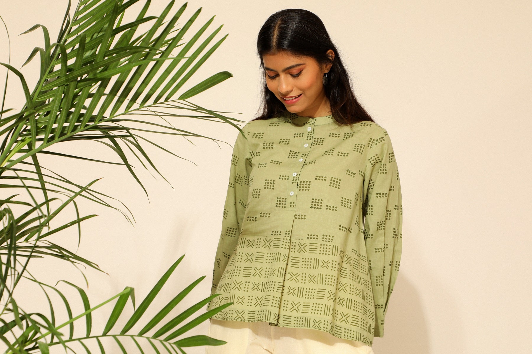 Tiera Block Printed Green Top With Full Sleeves