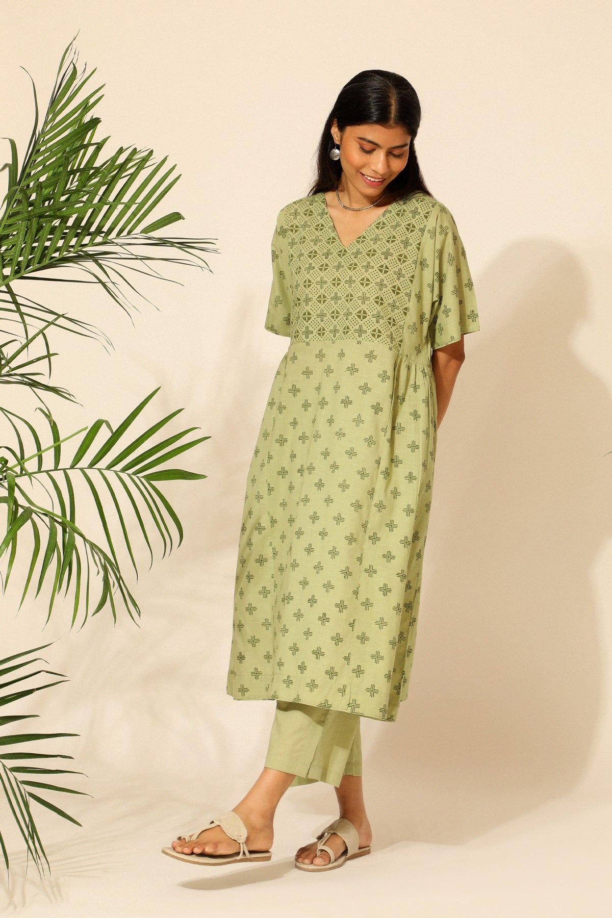 Tiera Green Block Printed Kurta With Kimono Sleeves