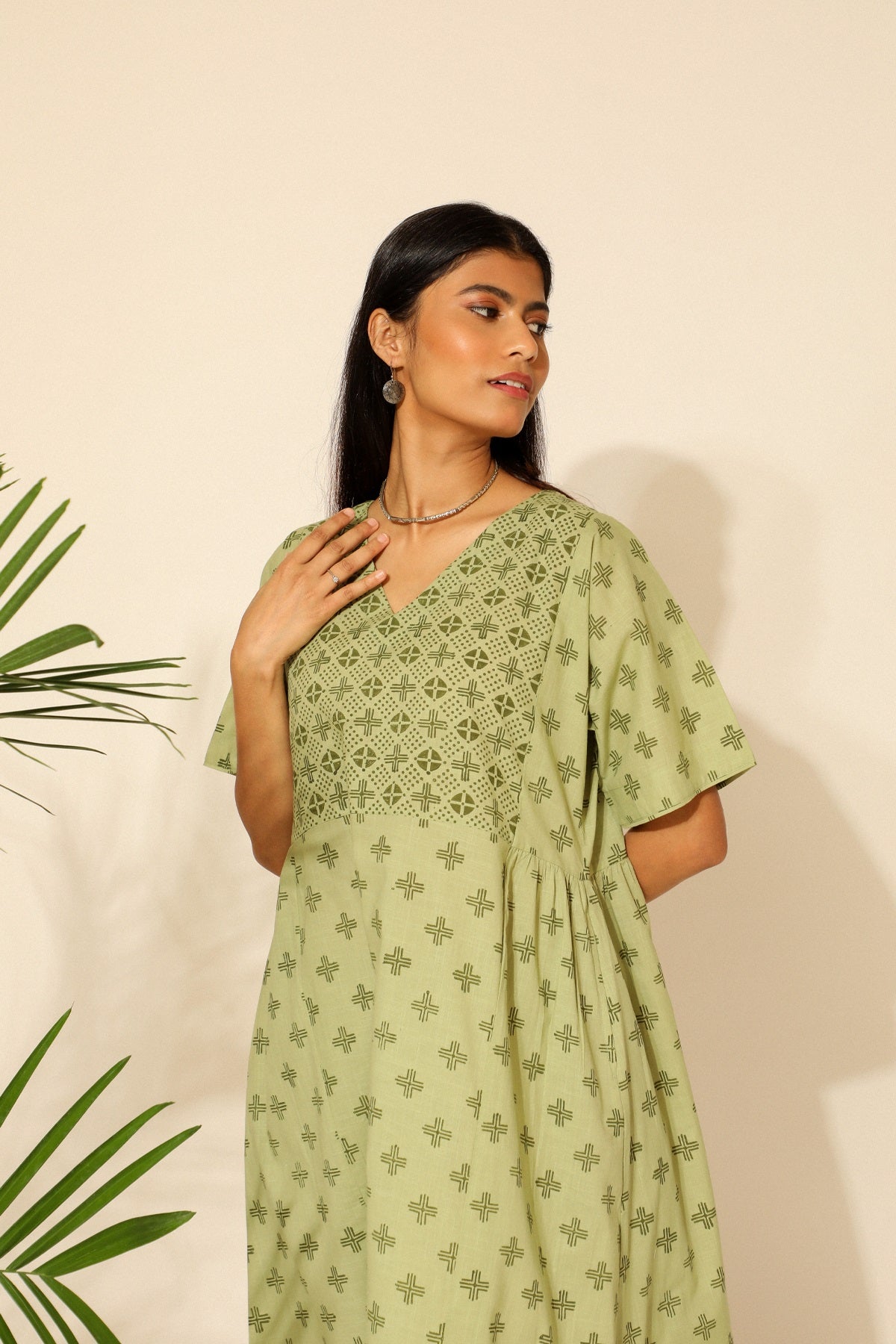 Tiera Green Block Printed Kurta With Kimono Sleeves