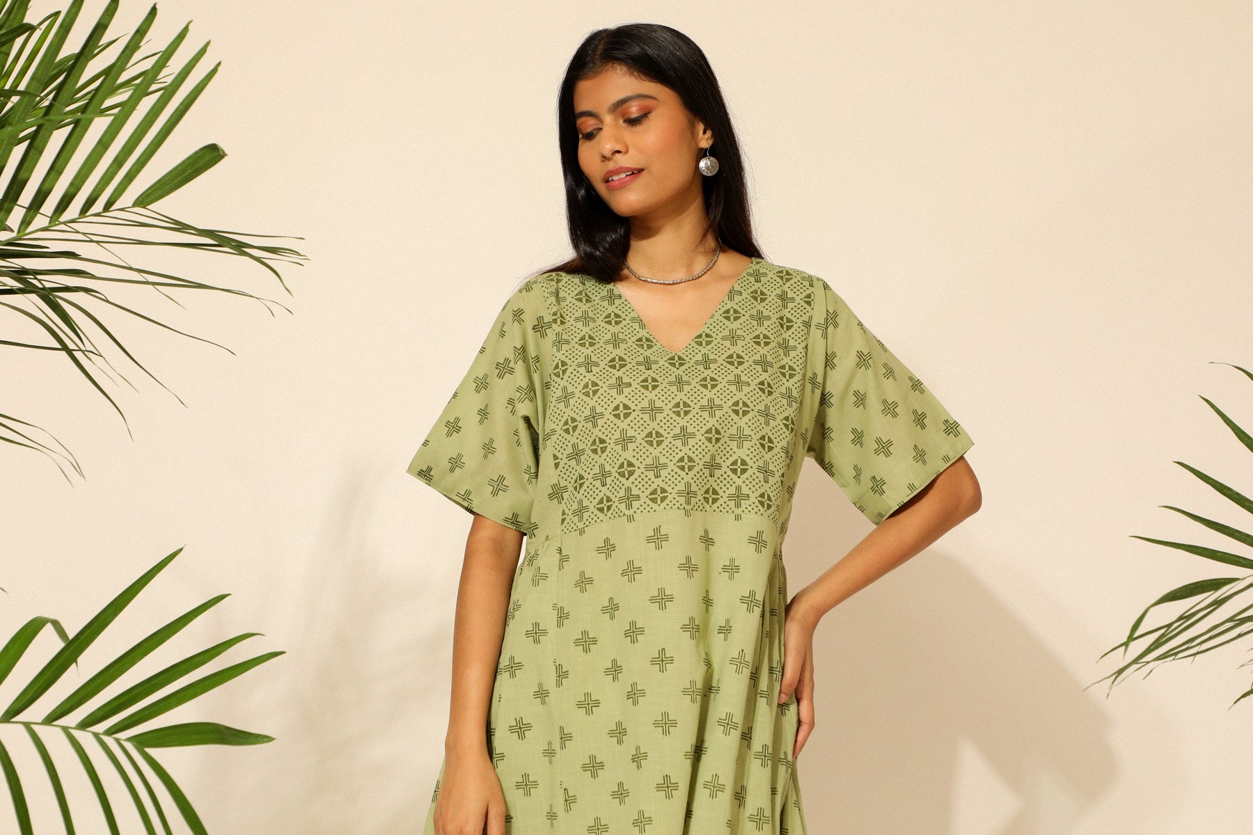 Tiera Green Block Printed Kurta With Kimono Sleeves