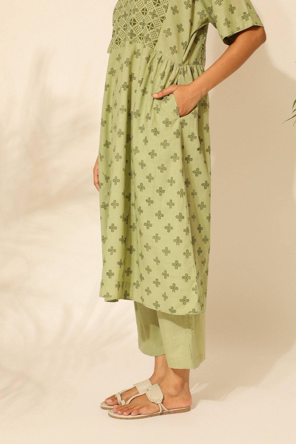 Tiera Green Block Printed Kurta With Kimono Sleeves