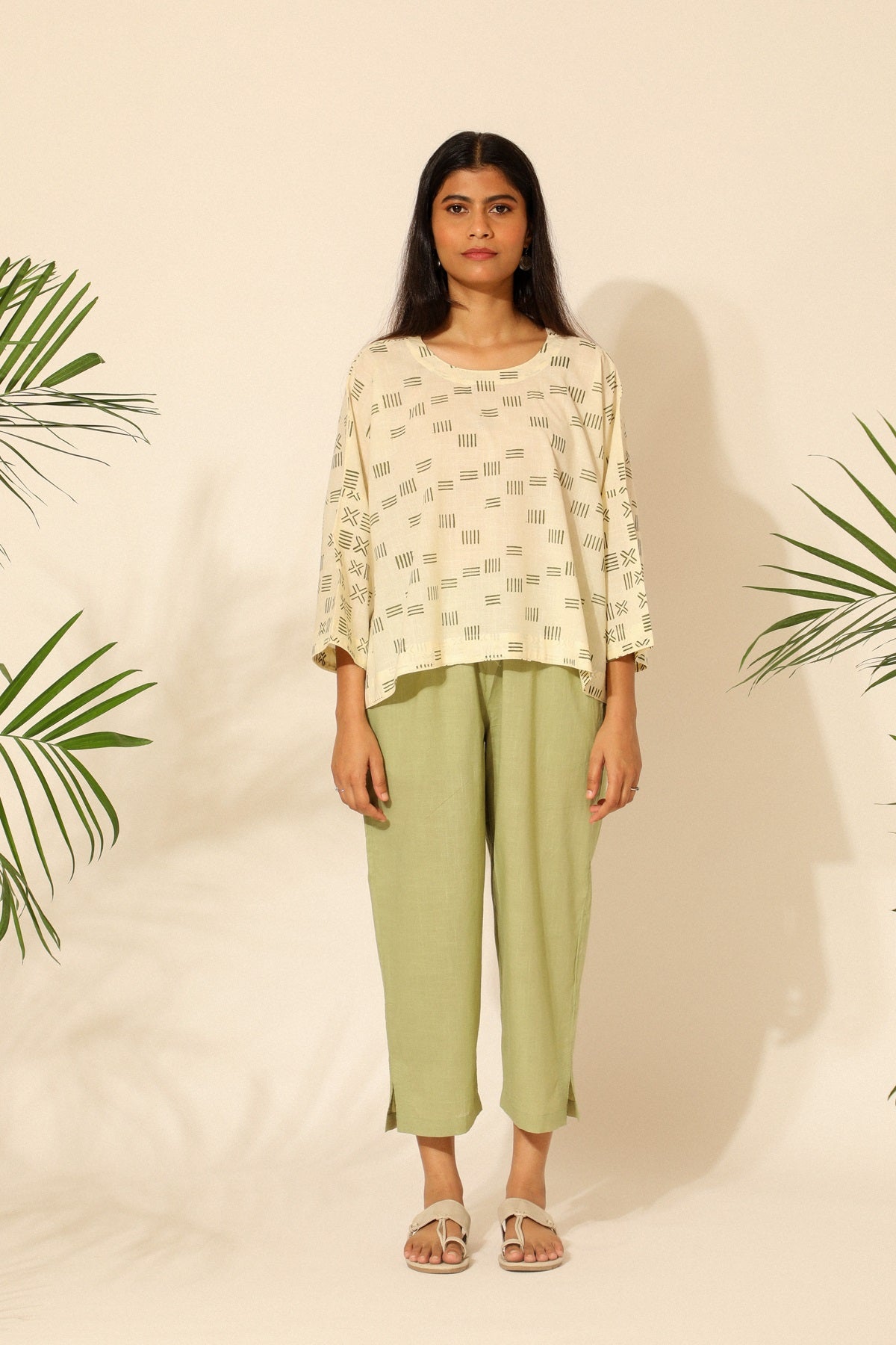 Tiera White And Green Block Printed Boxy Top