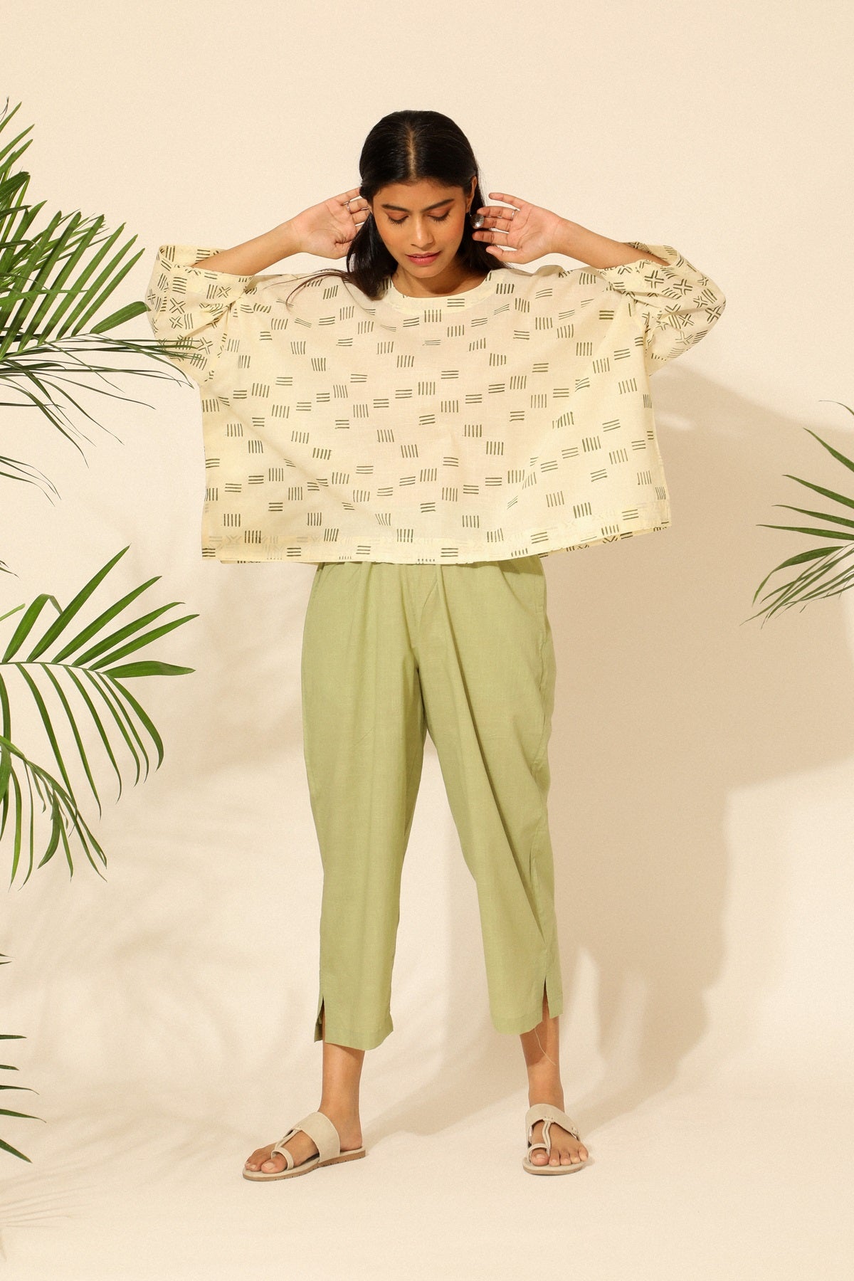 Tiera White And Green Block Printed Boxy Top