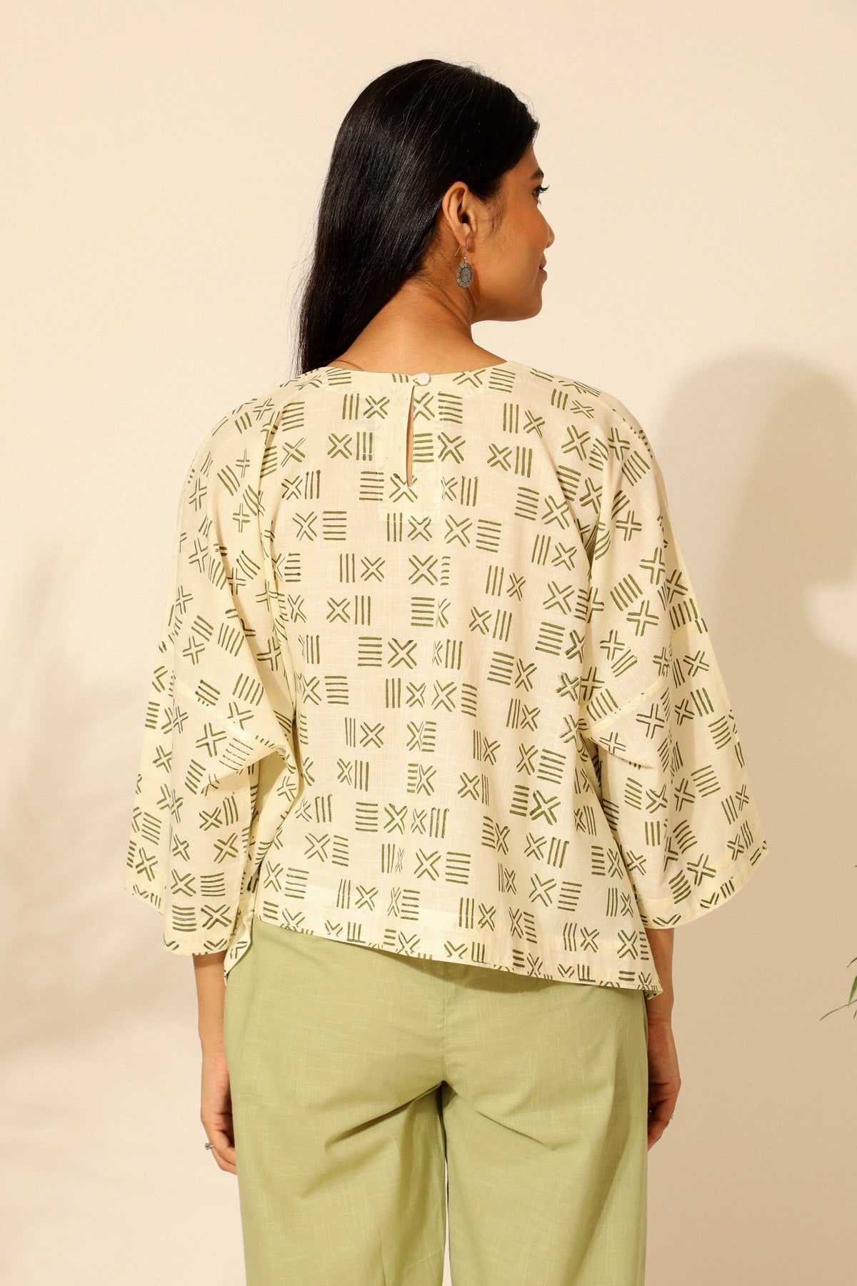 Tiera White And Green Block Printed Boxy Top