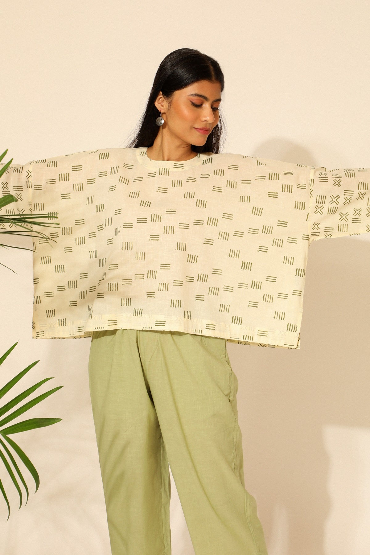 Tiera White And Green Block Printed Boxy Top