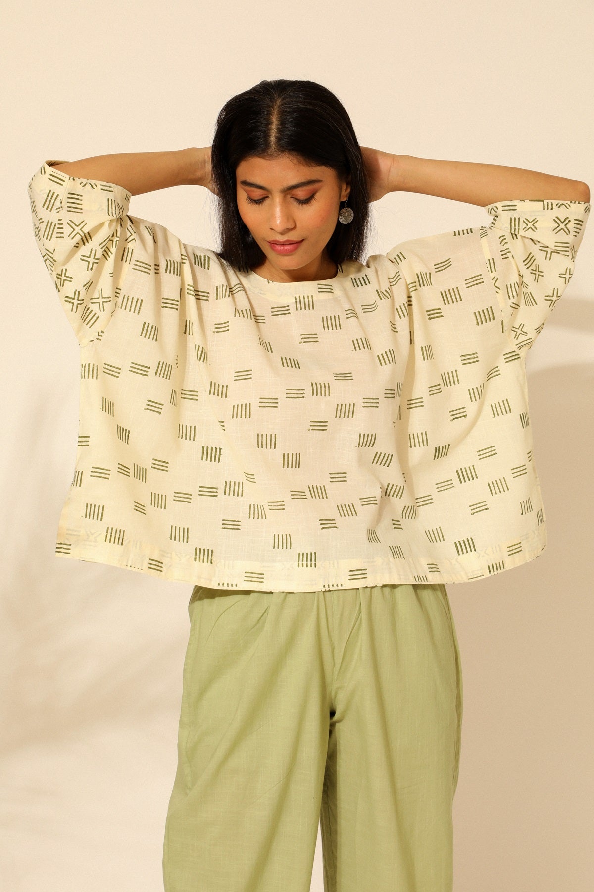 Tiera White And Green Block Printed Boxy Top