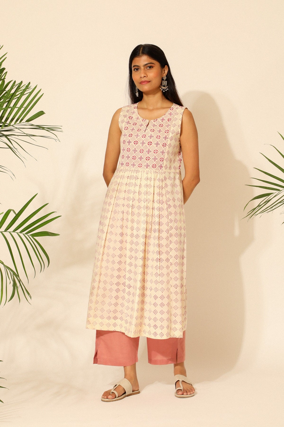 Tiera White And Pink Blockprinted Sleeveless Dress