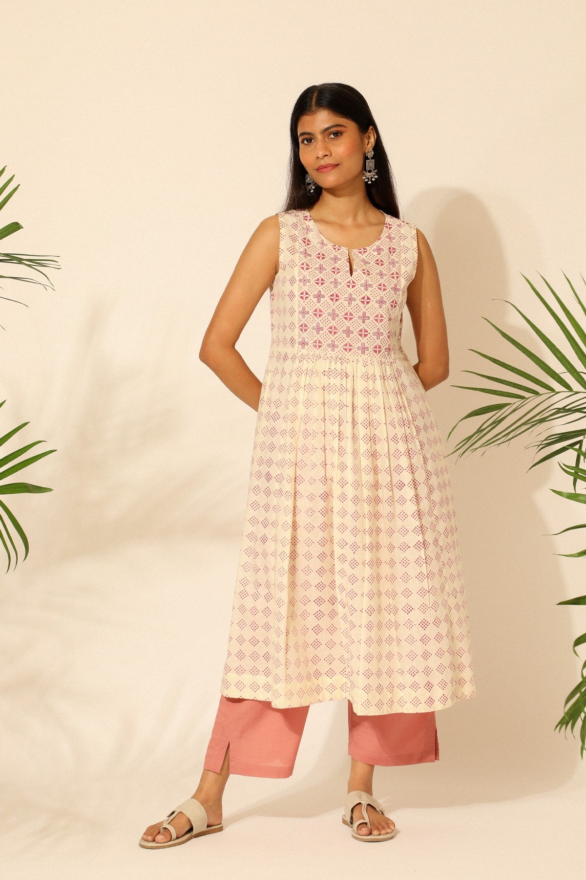 Tiera White And Pink Blockprinted Sleeveless Dress