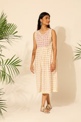 Tiera White And Pink Blockprinted Sleeveless Dress