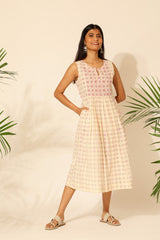 Tiera White And Pink Blockprinted Sleeveless Dress