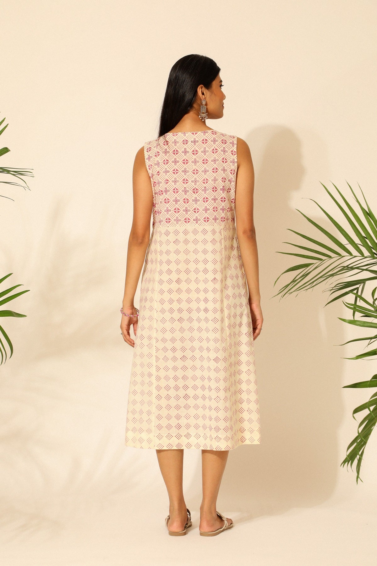 Tiera White And Pink Blockprinted Sleeveless Dress