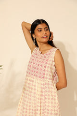 Tiera White And Pink Blockprinted Sleeveless Dress