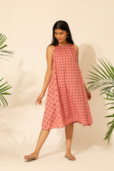 Tiera Pink Block Printed A-line Sleeveless Dress