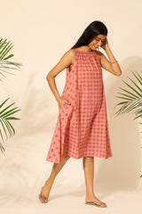 Tiera Pink Block Printed A-line Sleeveless Dress