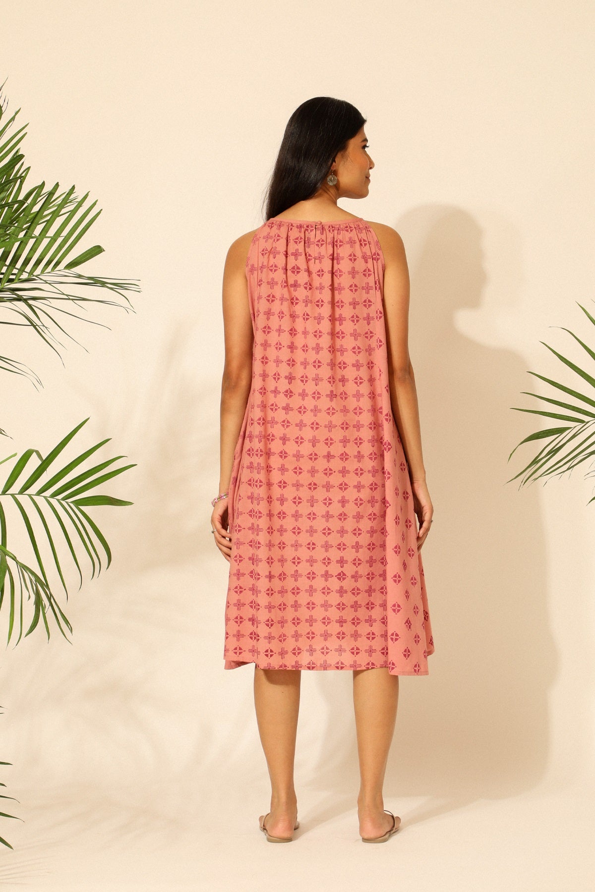 Tiera Pink Block Printed A-line Sleeveless Dress