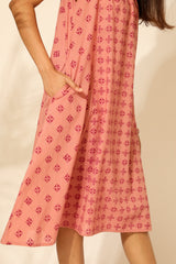 Tiera Pink Block Printed A-line Sleeveless Dress