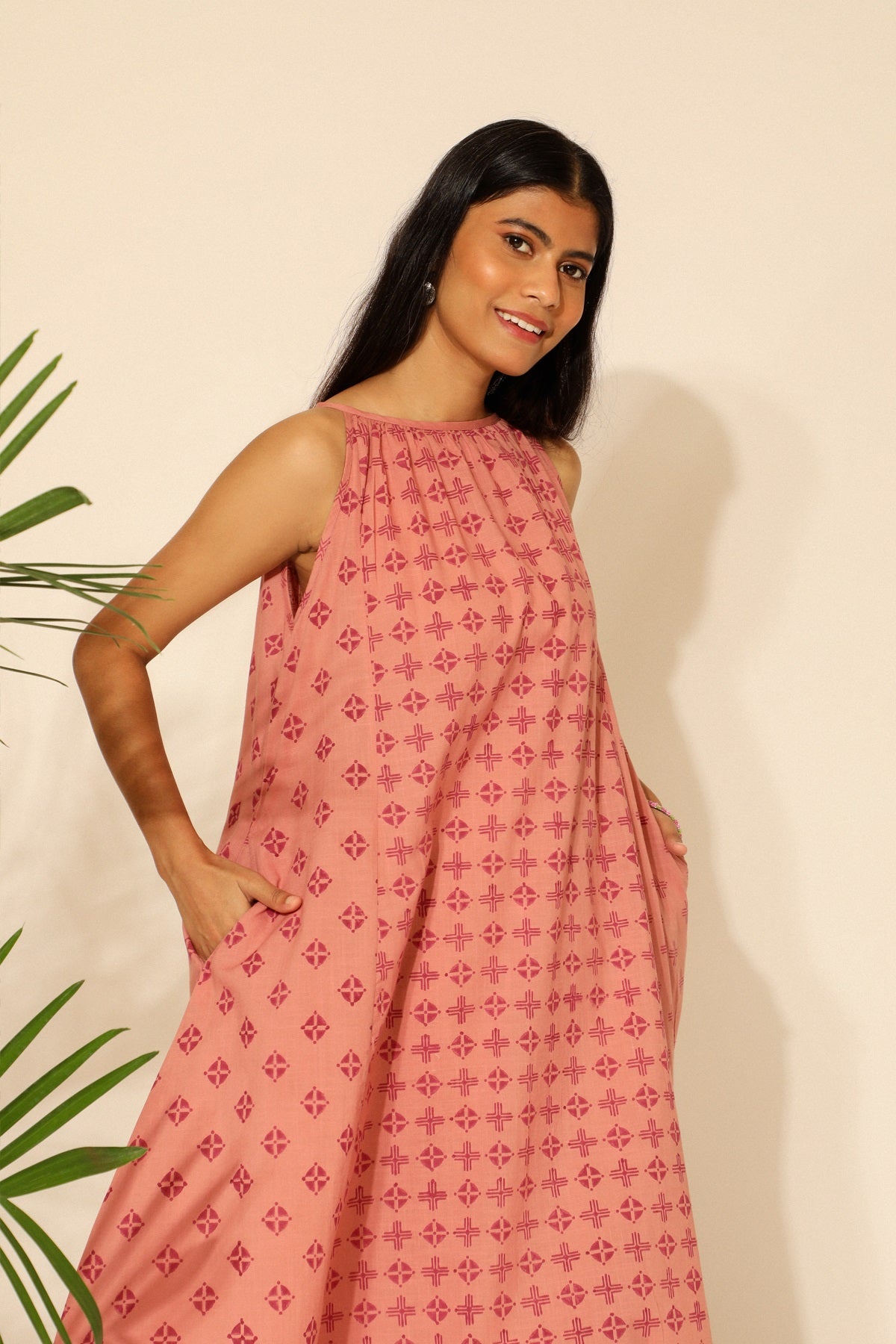 Tiera Pink Block Printed A-line Sleeveless Dress