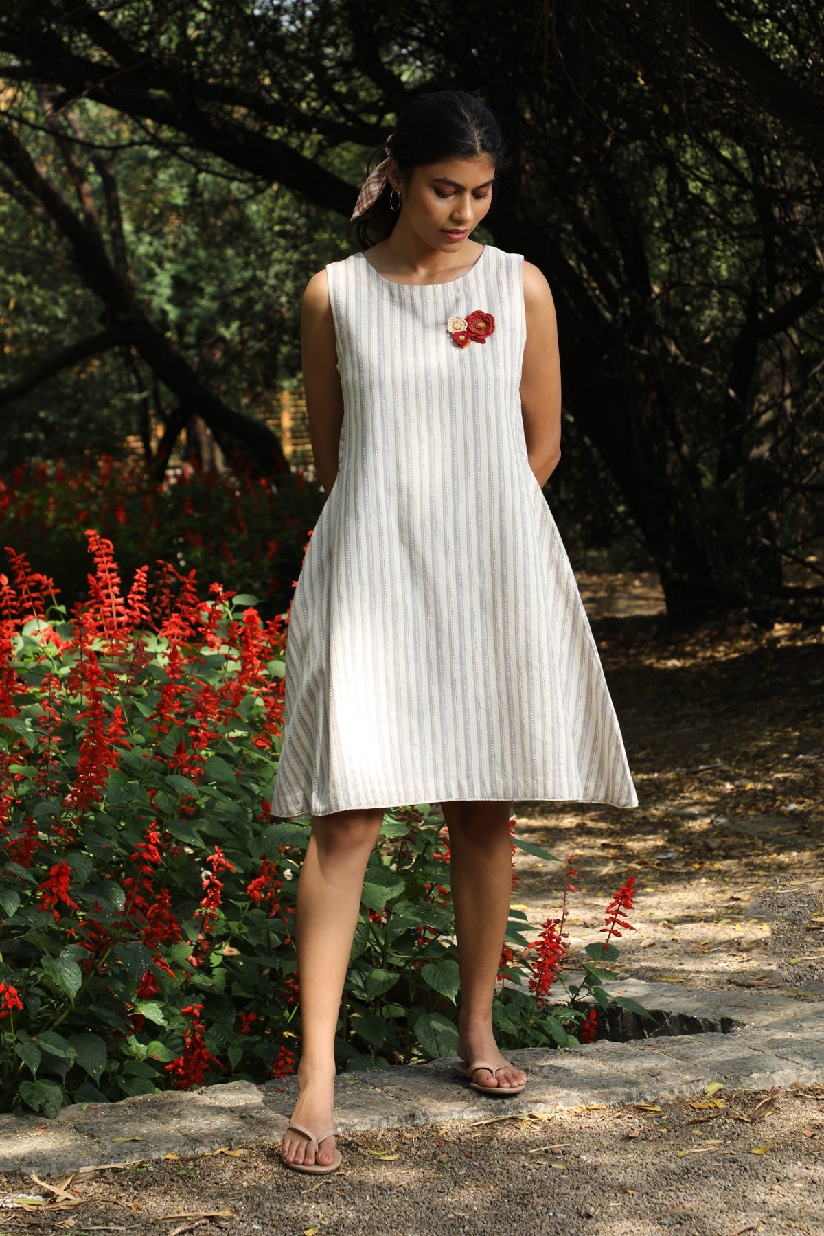 Arka Cotton Off-White Striped Dress