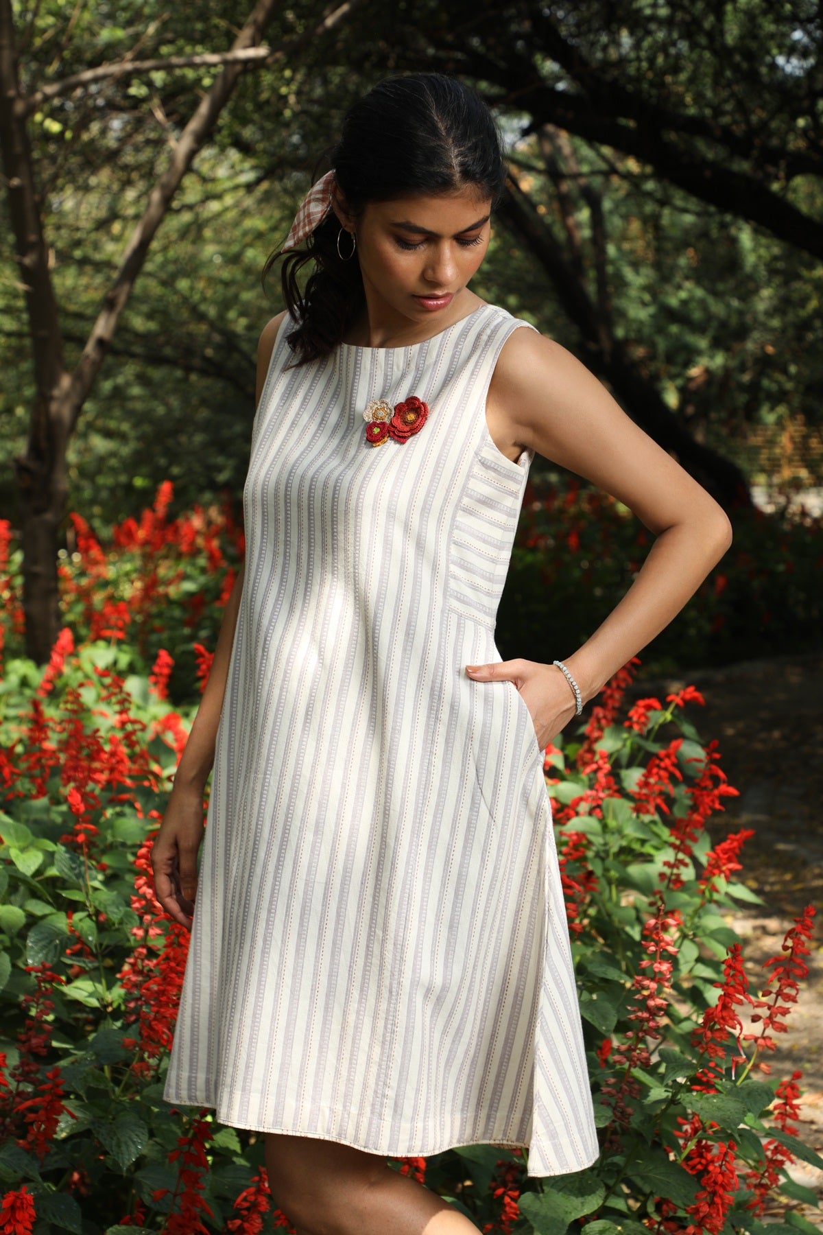 Arka Cotton Off-White Striped Dress